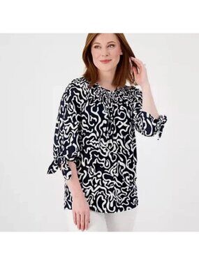 Susan Graver Women Top Sz M Printed Liquid Knit Smock Neck Navy Blue A593343